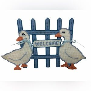 Geese On Fence Needlepoint Plastic Canvas Completed Wall Hanging Spring Easter